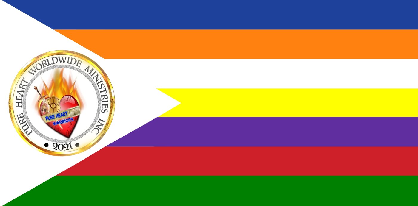 The official flag of Pure Heart Worldwide Ministries Inc., with seven colored stripes and the church seal