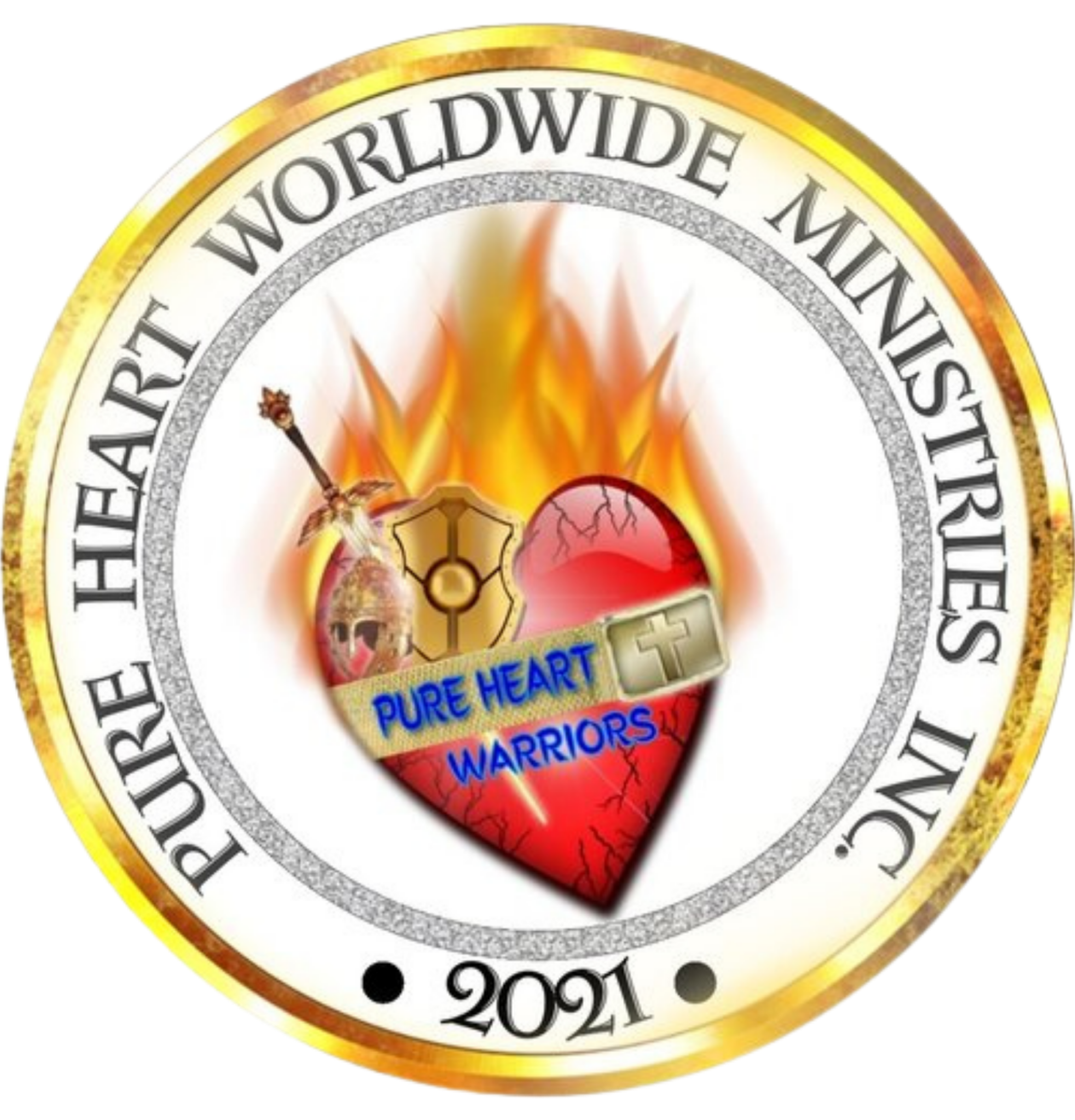 Official logo of Pure Heart Warriors Worldwide Ministries Inc., a flaming heart with a sword and banner