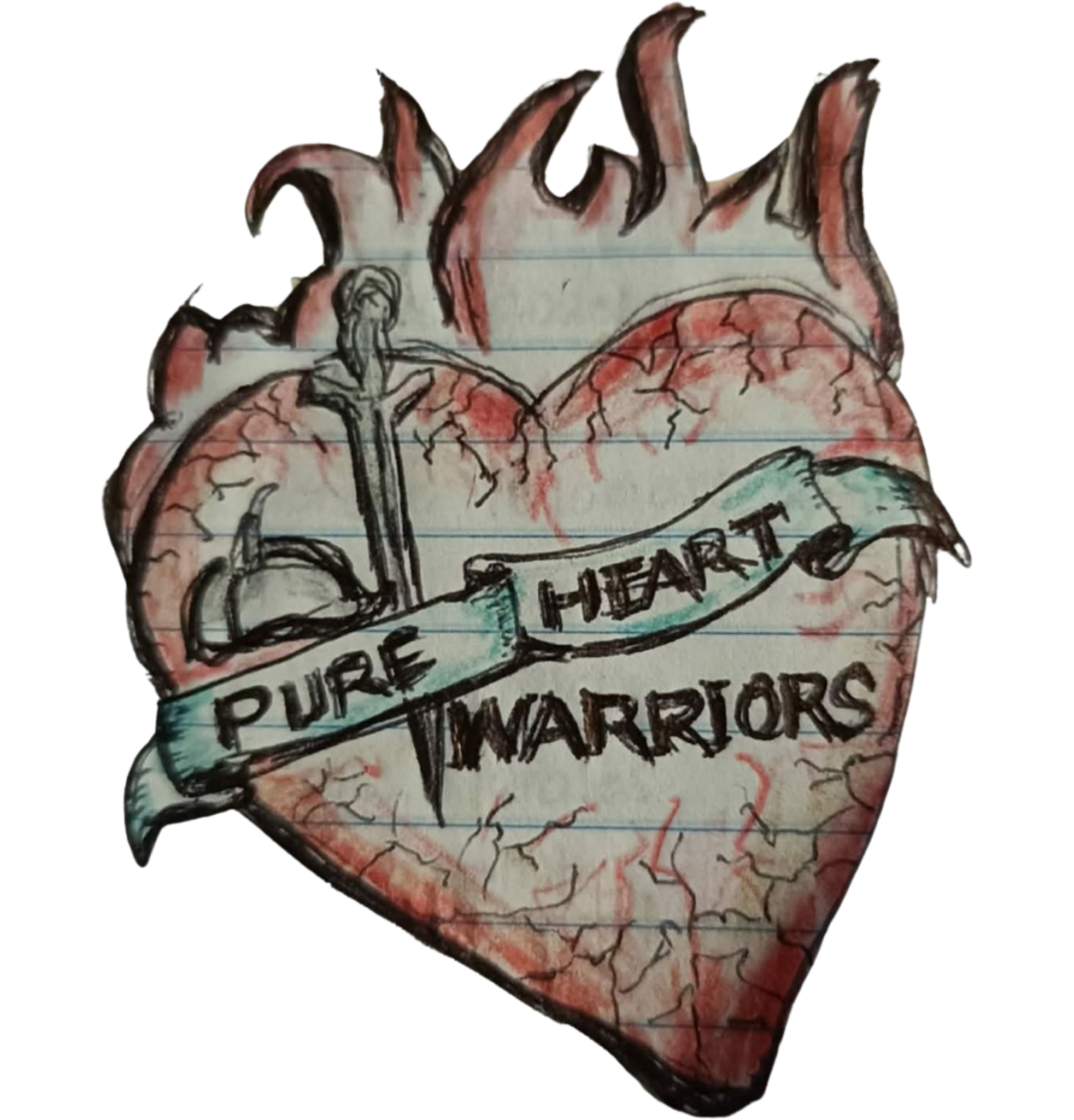 Hand-drawn Pure Heart Warriors emblem, a flaming heart with a sword and banner